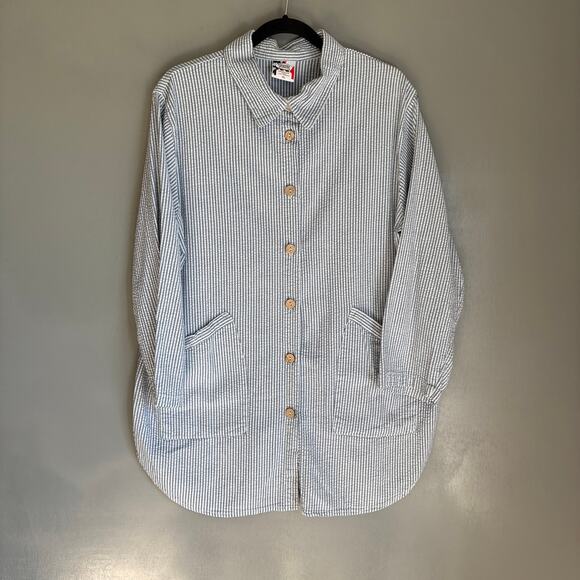 DRAWSTRINGS OF MALIBU Women's Xl Blue Striped Button Up Long Blouse Seersucker - Picture 1 of 10